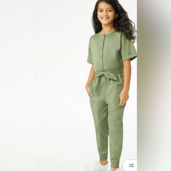 Free Assembly Button Jogger Jumpsuit Belted Sz XL Girls Army Green - Picture 2 of 4